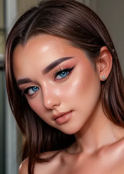 close up portrait of <lora:makayla:1> makayla, eyelashes, eye makeup, [blue:grey:0.7] eyes,  brown hair,(blush:1.2), textured skin, (vibrant colors, 8k, high quality, shot on Fujifilm X-T4, 1/200, f16, ISO 1250), <lora:epiCRealismHelper:0.99>, <lora:add_detail:0.8>, smile