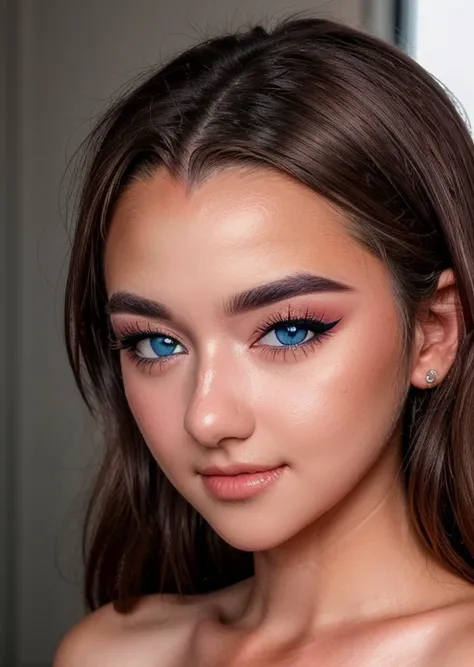 close up portrait of <lora:makayla:1> makayla, eyelashes, eye makeup, [blue:grey:0.9] eyes, brown hair,(blush:1.2), textured skin, (vibrant colors, 8k, high quality, shot on Fujifilm X-T4, 1/200, f16, ISO 1250), <lora:epiCRealismHelper:0.99>, <lora:add_detail:0.8>, smiling