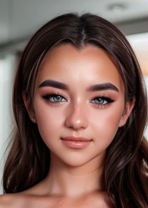 close up portrait of <lora:makayla:1> makayla, eyelashes, eye makeup, [blue:grey:0.1] eyes, brown hair,(blush:1.2), textured skin, (vibrant colors, 8k, high quality, shot on Fujifilm X-T4, 1/200, f16, ISO 1250), <lora:epiCRealismHelper:0.99>, <lora:add_detail:0.8>, smiling