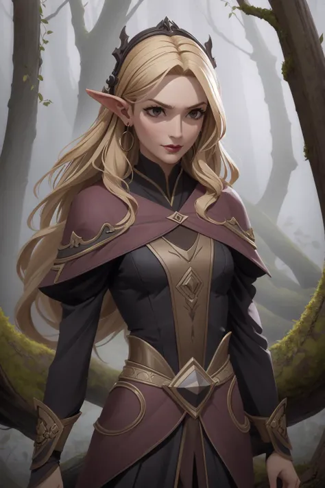 1 girl,solo, middle earth, Summoner Calling forth a dragon, Baroness, Tall, Firm, Triangular Face, Dark Skin, Blonde Hair, Brown Eyes, Wide Nose, Thin Lips, Prominent Chin, Shoulder-Length Hair, Coarse Hair, Shoulder-Length Curls, small breasts, Clip-on earrings, magenta sheer lipstick, A dark, foreboding swamp, filled with twisted, gnarled trees and dangerous creatures, Tolkien
