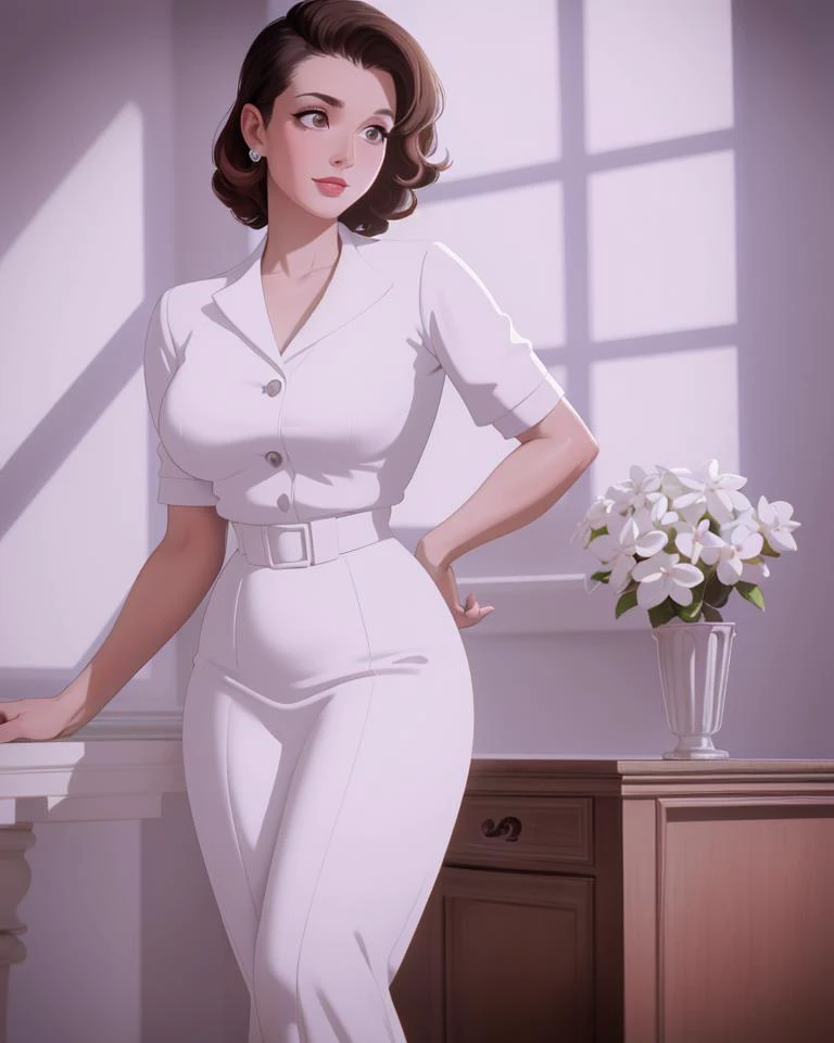 Fictional woman, 1girl, Professional Full body photo, of (one elegant 1950s housewife), (white clothes), (posing seductively in Livingroom of 1950s American house), pinup, fit body, medium breasts, pretty hands, perfect face, detailed eyes, (detailed skin, supple skin pores), [freckles], [beauty marks], (portrait), (saggy breasts:0.5), natural lighting, (backlighting:0.6), shallow depth of field, 8mm film grain, photographed on a Leica 10772 M-P, 50mm lens, F2.8, (highly detailed, intricate details, fine), 8k, HDR, deep focus, cinematic film still from Mad Men, <lora:fC-engorged_v1.1:0.4>