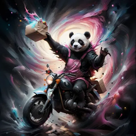 An imaginative oil painting depicting a whimsical scene: a vibrant pink panda, dressed as a delivery person, complete with a cap and a delivery bag, skillfully riding a sleek motorcycle. The panda emerges triumphantly from a swirling black hole, which forms a dramatic backdrop. The intense gravitational pull of the black hole is illustrated with swirling colors, warping the space around. The panda's expression is one of focused determination, contrasting with the surreal situation. The oil painting style should emphasize bold, swirling brushstrokes, capturing the dynamic motion and the fantastical elements of the scene in vivid hues <lora:ral-blackhole:0.8> ral-blackhole <lora:godoil:0.4> <lora:herocoolstyle:0.3>