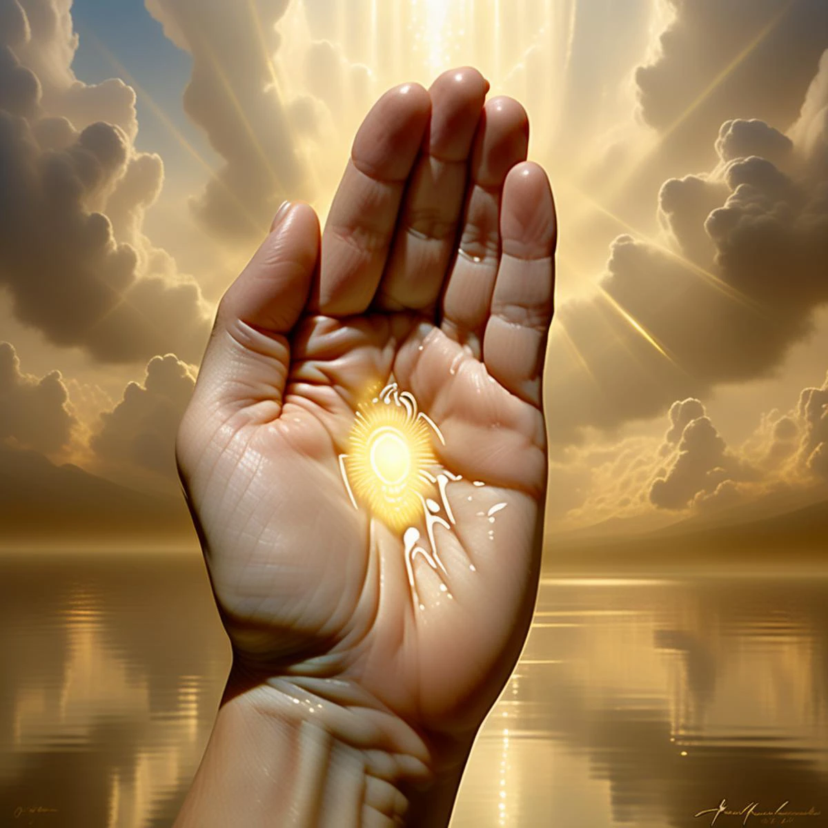 A realistic photo of a sacred hand, palm up, cradling a dollop of golden, viscous liquid that emits an intense, radiant glow. The background is a heavenly scene, ethereal and serene, with soft, diffused light filtering through billowing clouds, casting a peaceful ambiance. The hand is depicted with divine grace, and the golden liquid sparkles with an otherworldly luminance, suggesting it possesses miraculous properties. The overall composition conveys a sense of awe and wonder, blending the mystical with the celestial., <lora:pluslight:0.8> <lora:godoil:0.4>