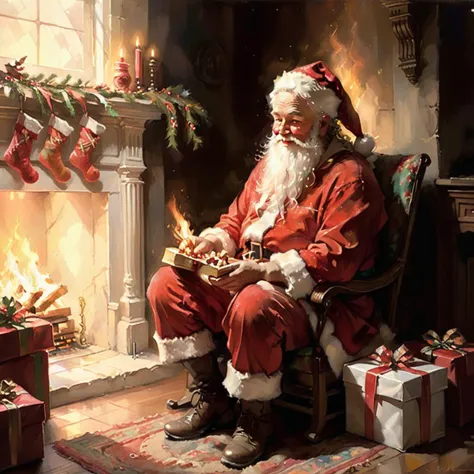 A warm, oil-painted scene of Santa Claus, exuding a sense of holiness and warmth, quietly placing gifts by a glowing fireplace. The painting captures Santa in his iconic red suit with a gentle, joyful expression, highlighting the twinkle in his eyes and the soft, white beard that falls over his chest. The fireplace casts a cozy, inviting light, shadows dancing on the walls, as stockings hang expectantly. The room is filled with the magic of Christmas, and each gift is painted with care, showcasing intricate patterns and bright ribbons, adding to the festive atmosphere,<lora:godoil:0.75>