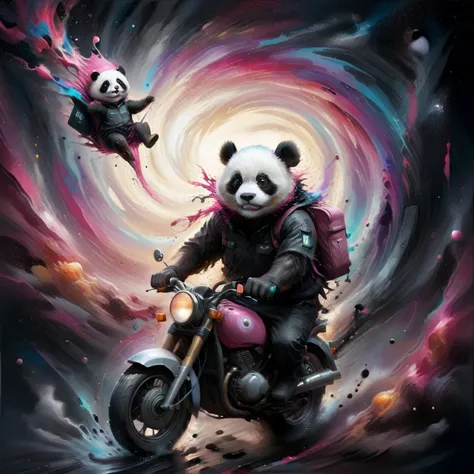 An imaginative oil painting depicting a whimsical scene: a vibrant pink panda, dressed as a delivery person, complete with a cap and a delivery bag, skillfully riding a sleek motorcycle. The panda emerges triumphantly from a swirling black hole, which forms a dramatic backdrop. The intense gravitational pull of the black hole is illustrated with swirling colors, warping the space around. The panda's expression is one of focused determination, contrasting with the surreal situation. The oil painting style should emphasize bold, swirling brushstrokes, capturing the dynamic motion and the fantastical elements of the scene in vivid hues <lora:ral-blackhole:0.8> ral-blackhole <lora:godoil:0.4> <lora:herocoolstyle:0.3>