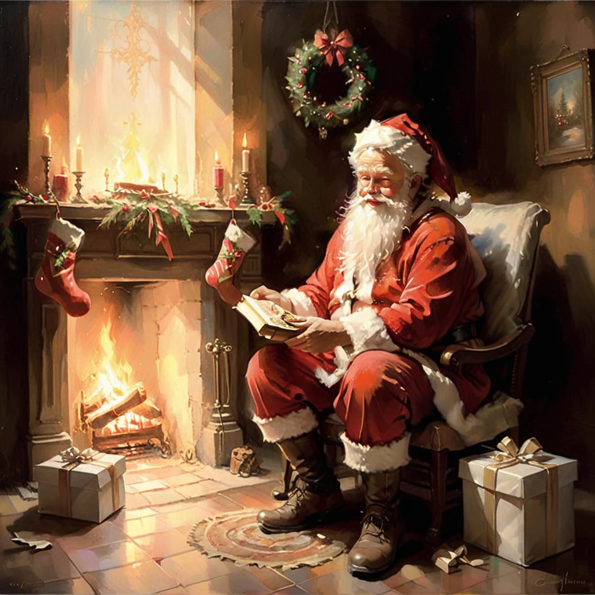 A warm, oil-painted scene of Santa Claus, exuding a sense of holiness and warmth, quietly placing gifts by a glowing fireplace. The painting captures Santa in his iconic red suit with a gentle, joyful expression, highlighting the twinkle in his eyes and the soft, white beard that falls over his chest. The fireplace casts a cozy, inviting light, shadows dancing on the walls, as stockings hang expectantly. The room is filled with the magic of Christmas, and each gift is painted with care, showcasing intricate patterns and bright ribbons, adding to the festive atmosphere,<lora:godoil:0.75>
