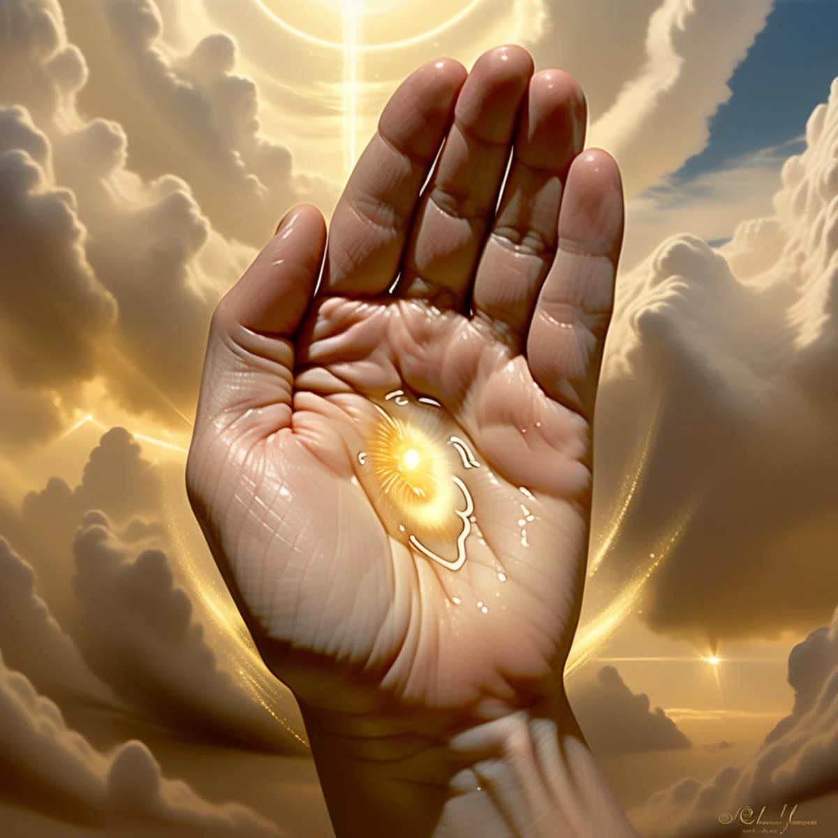 A realistic photo of a sacred hand, palm up, cradling a dollop of golden, viscous liquid that emits an intense, radiant glow. The background is a heavenly scene, ethereal and serene, with soft, diffused light filtering through billowing clouds, casting a peaceful ambiance. The hand is depicted with divine grace, and the golden liquid sparkles with an otherworldly luminance, suggesting it possesses miraculous properties. The overall composition conveys a sense of awe and wonder, blending the mystical with the celestial., <lora:pluslight:0.8> <lora:godoil:0.4>