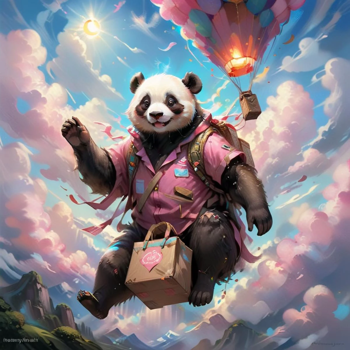 Create an oil painting of a whimsical scene featuring a pink panda, dressed as a delivery person, gracefully descending from the sky. The panda, adorned in a vibrant, pink uniform, is holding a delivery bag. The background is a serene blue sky with fluffy clouds, adding a dreamy, surreal quality to the composition. The brushwork is rich and textured, capturing the soft fur of the panda and the dynamic movement of its descent. The lighting is soft, creating a warm and inviting atmosphere, with gentle sunbeams illuminating the panda and its surroundings <lora:godoil:0.4> <lora:herocoolstyle:0.7>