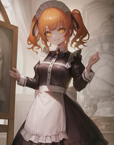 masterpiece, best quality, (aimyon) <lora:Aimyon_style:0.7>, orange hair), (twintails), (smile), (yellow eyes), (maid uniform), (aimyon)