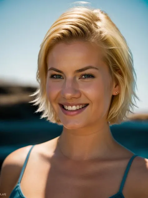 Realistic photo of a beautiful 3l1sh4c-v1 woman, 1girl, solo, looking at viewer, smile, short hair, blue eyes, blonde hair, simple background, bare shoulders, upper body, teeth, grin, lips, red background, realistic, soft lighting, professional Photography, Photorealistic, detailed, RAW, analog, sharp focus, 8k, HD, DSLR, high quality, Fujifilm XT3, film grain, award winning, masterpiece<lora:3l1sh4c-v1:1.0>