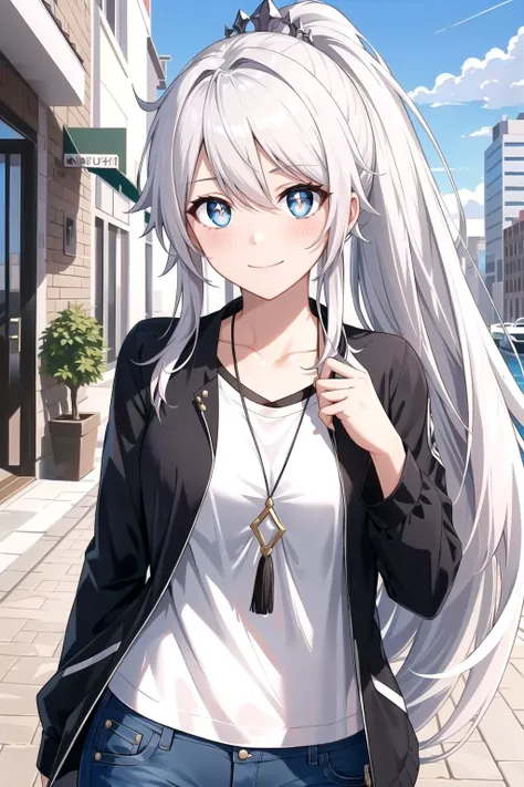 masterpiece, (best qulaity:1.3), 8K, wallpaper, depth of field, beautiful detailed eyes, (1girl, kiana kaslana, blue eyes, bright pupils, crown, (very long hair, one eye sloed:1.25), ponytail, solo, white shirt, collarbone, black jacket, black t-shirt, shorts, looking at viewer, smile, smug, (blush:1.2), blue sky, city, standing)<lora:kiana:0.7>
