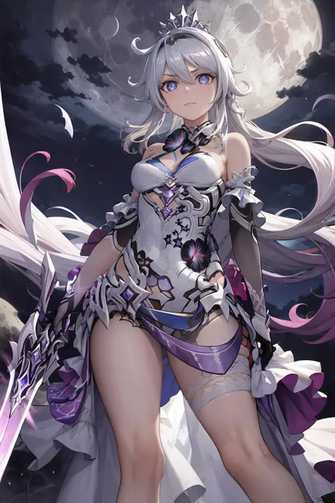 masterpiece, best quality, <lora:kiana:1>,kiana kaslana, 1girl, solo, weapon, holding, holding weapon, moon, closed mouth, sword, looking at viewer, gauntlets, sky, holding sword, night sky, full moon, v-shaped eyebrows