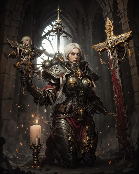 A painting of whsororitas, portait of adepta sororitas, masterpiece, 1 girl praying in a gothic church, on her knees, ((praying hands)), in front of an altar, moody lighting, dark, red, gold, candlelight, Warhammer 40k, grimdark
in the style of (Beksinski:1.3), Giger, Escher, dry brush, oil on canvas, dark fantasy art, vivid contrasts, vibrant colors, dry brush,
glowing halo, golden halo, (symmetric eyes), (1girl) (solo), (praying whsororitas), full armor, power armor, red wax seals, absurdres
cherub flying in the background, floating above, skull, wires, highly detailed, ,
<lora:WH40KSisters_V2rank8:0.5> , <lora:whsororitas:0.5> <lora:Cherub & Servitor MK1 by CARAXES:0.3>