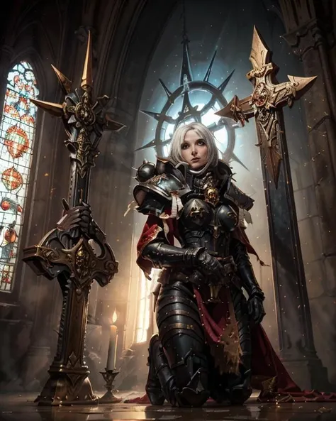 A painting of whsororitas, portait of adepta sororitas, masterpiece, 1 girl praying in a gothic church, on her knees, ((praying hands)), in front of an altar, moody lighting, dark, red, gold, candlelight, Warhammer 40k, grimdark
in the style of (Beksinski:1.3), Giger, Escher, dry brush, oil on canvas, dark fantasy art, vivid contrasts, vibrant colors, dry brush,
glowing halo, golden halo, (symmetric eyes), (1girl) (solo), (praying whsororitas), full armor, power armor, red wax seals, flying cherub, floating skull, absurdres
<lora:WH40KSisters_V2rank8:0.5> , <lora:whsororitas:0.5>