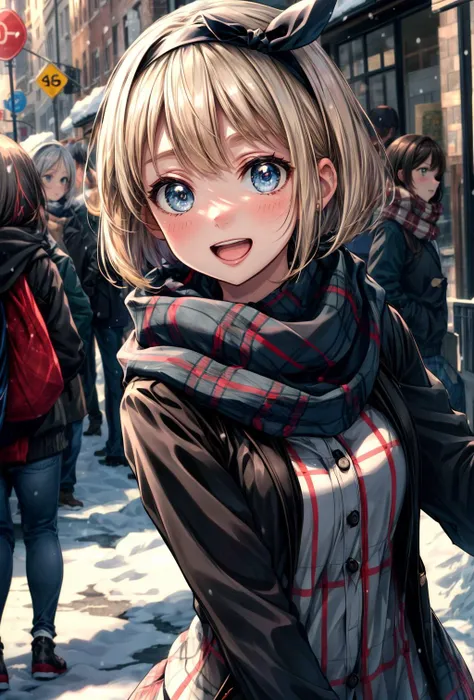 (masterpiece), best quality, (((ultra detailed, 8k quality))), expressive eyes, perfect face, perfect anatomy, perfect body, scene, <lora:scene_:0.7>, <lora:more_details:0.7>, <lora:beautiful_detailed_eyes:0.5>, <lora:GoodHands-beta2:0.7>, <lora:give_it_a_name:0.7>, <lora:ShushuSuruga:0.6>,blond hair
, ShushuSuruga, bob cut, black hairband,
open mouth, plaid, plaid dress, plaid jacket, plaid scarf, plaid shirt, scarf, smile, solo, unmoving pattern, street, winter, snow
