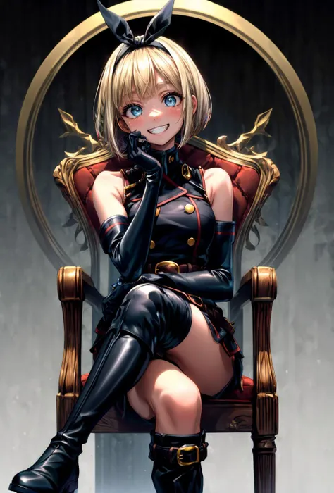 (masterpiece), best quality, (((ultra detailed, 8k quality))), expressive eyes, perfect face, perfect anatomy, perfect body, scene, <lora:scene_:0.7>, <lora:more_details:0.7>, <lora:beautiful_detailed_eyes:0.5>, <lora:GoodHands-beta2:0.7>, <lora:give_it_a_name:0.7>, <lora:ShushuSuruga:0.6>,blond hair
, ShushuSuruga, bob cut, black hairband, military uniform, bare shoulders, elbow gloves, belt, black shorts, knee boots
sitting, thrones, crossed legs, grin,