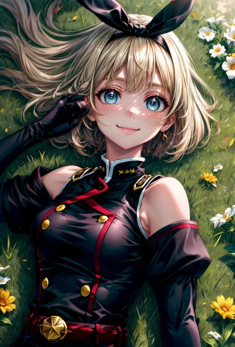 (masterpiece), best quality, (((ultra detailed, 8k quality))), expressive eyes, perfect face, perfect anatomy, perfect body, scene, <lora:scene_:0.7>, <lora:more_details:0.7>, <lora:beautiful_detailed_eyes:0.5>, <lora:GoodHands-beta2:0.7>, <lora:give_it_a_name:0.7>, <lora:ShushuSuruga:0.8>,blond hair
, ShushuSuruga, bob cut, black hairband, military uniform, bare shoulders, elbow gloves, belt, black shorts, knee boots, upper body
close portrait, field, flower field, lying on ground, smile