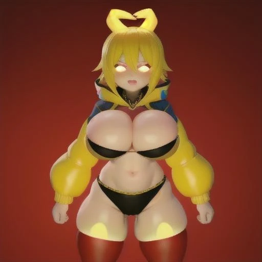 girl ,huge boobs, <lora:getaifnaf:0.7>,yellow jacket,bra,glowing eyes,underwear, thighhighs, thicc thighs