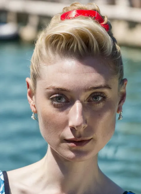 portrait of ((sks woman)) by Flora Borsi in venice, at the river, style by Flora Borsi, bold, bright colours, Mohawk haircut, ((Flora Borsi))  <lora:locon_elizabethdebicki_v1_from_v1_64_32:1.25> by William Eggleston