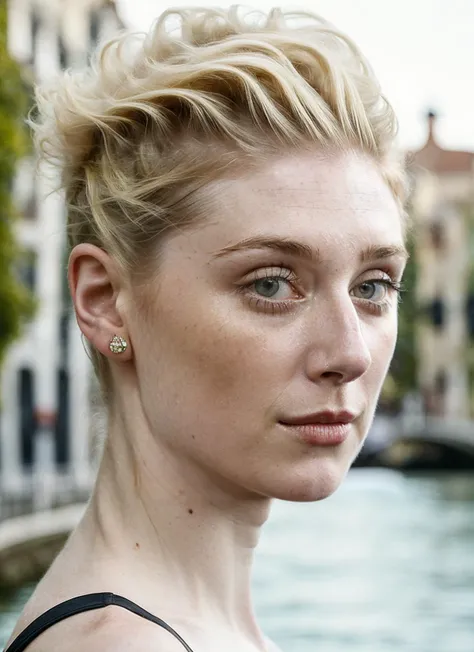portrait of ((sks woman)) by Flora Borsi in venice, at the river, style by Flora Borsi, bold, bright colours, Mohawk haircut, ((Flora Borsi))  <lora:locon_elizabethdebicki_v1_from_v1_64_32:1.25> by Peter Lindbergh