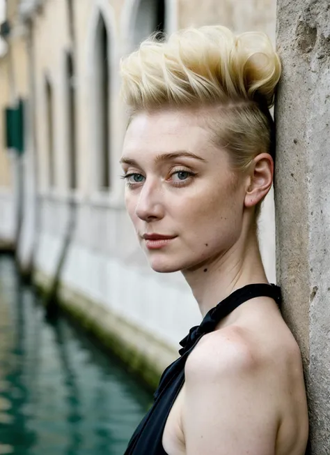 portrait of ((sks woman)) by Flora Borsi in venice, at the river, style by Flora Borsi, bold, bright colours, Mohawk haircut, ((Flora Borsi)) <lora:locon_elizabethdebicki_v1_from_v1_64_32:1.25> by Dorothea Lange