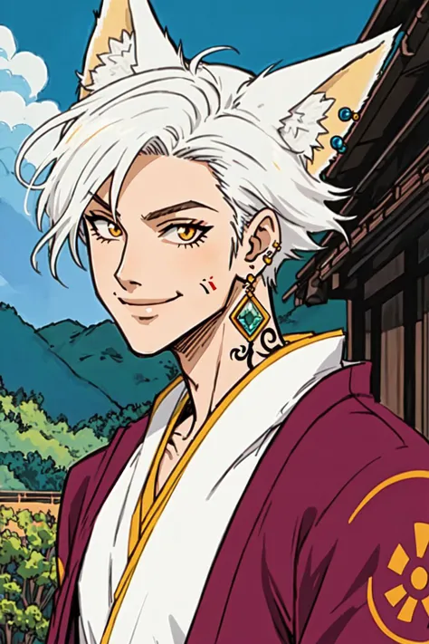 1boy, solo, male focus, mature male , white hair, short hair, fox ears, fox boy, anthro, jewelry, tattoo, earrings, kimono, smile, upper body, outdoors, manga style, shonen jump style, illustrative