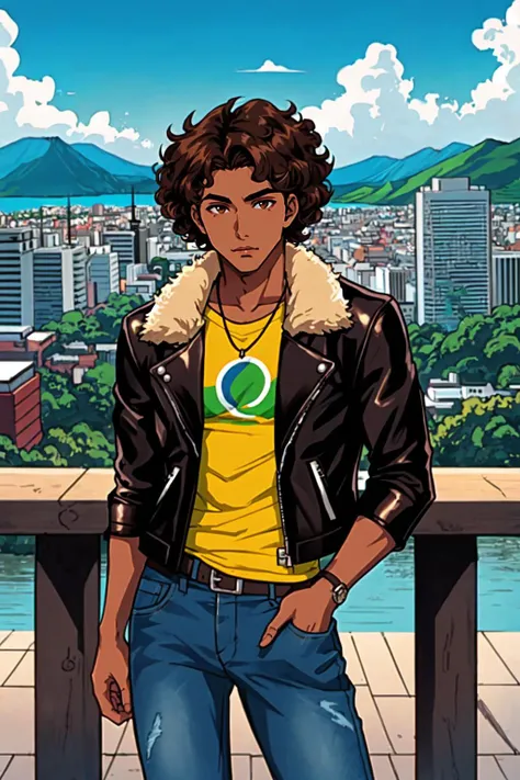 1boy, male focus, solo, brown eyes, short hair, curly hair, fluffy hair, brown hair, pasifika, maori, polynesian, Aotearoa, tan skin, dark skinned male, leather jacket, denim pants, outdoors, city view