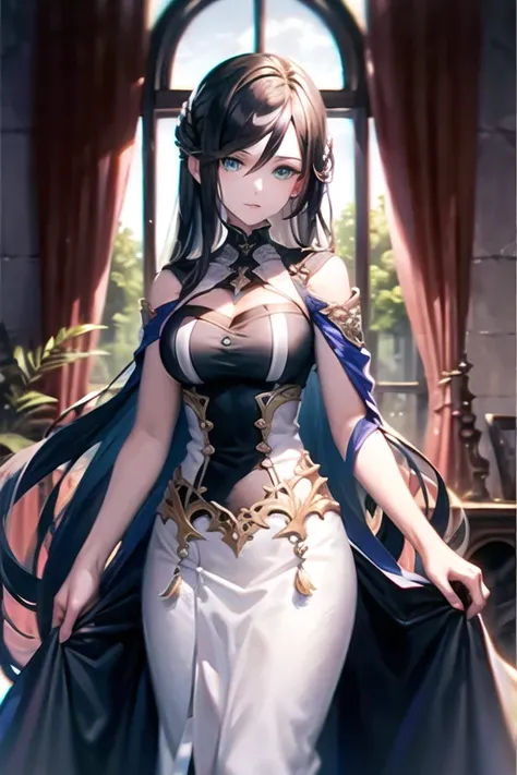 {an extremely delicate and beautiful},{best quality}, {{masterpiece}}, {highres},{ultra-detailed},1girl, illganeau,long black hair, green eyes, <lora:illganeauFromShadowverse_v10:0.5>