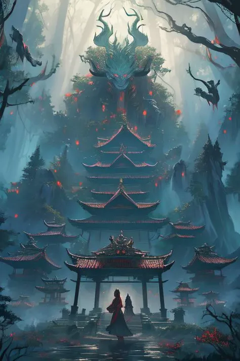 woman in a mythical forest, masterpiece, perfect face, intricate details, horror theme <lora:monster:0.6> monster, atmospheric atmosphere, mist rising, stone pavilions, waterfalls, qilin \(mythology\)