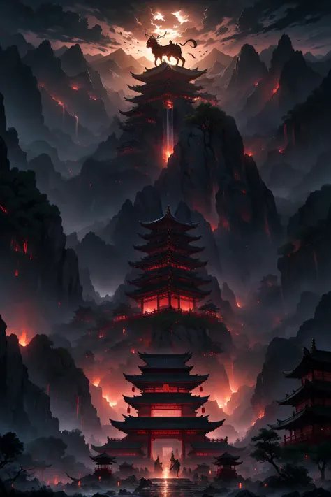 Chinese martial arts style,with vast sky,continuous mountains and steep cliffs,outline light,atmospheric atmosphere,depth of field,mist rising,bamboo,pine trees,stone pavilions,waterfalls,qilin \(mythology\),<lora:monster:0.7>,