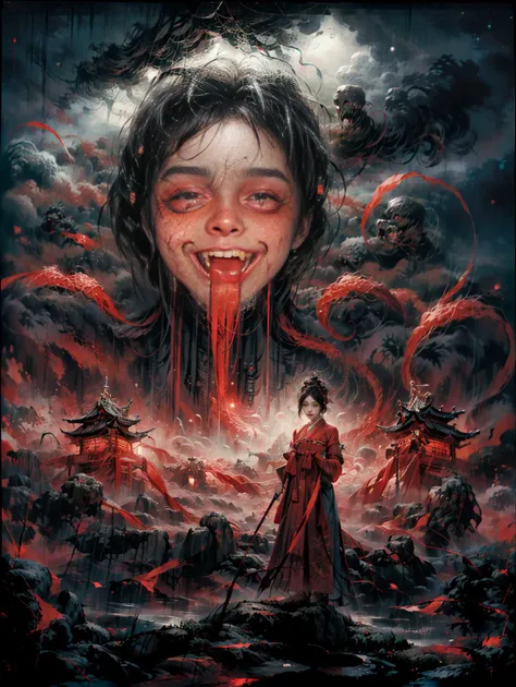 (<lora:zwd_v2:0.5> zwd),1lady standing,full body,(looking at the viewer:1.5),detailed face,detailed eyes,dramatic lighting,red theme,<lora:add_detail:1>,hanfu,tang style,<lora:hanfuTang_v35:0.6>,scenery,outdoors,solo,architecture,monster,<lora:monster:0.8>,night sky,night,