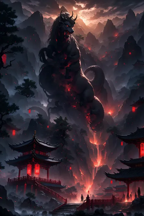 Chinese martial arts style,with vast sky,continuous mountains and steep cliffs,outline light,atmospheric atmosphere,depth of field,mist rising,bamboo,pine trees,stone pavilions,waterfalls,qilin \(mythology\),<lora:monster:0.7>,