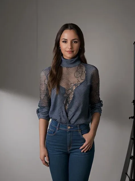 ((2/3 body view)), ((Wearing jeans and a turtle neck shirt)), ((Professional Photo Shoot)), ((in a photographer's studio)), model shoot style, extremely intricate, High Detail, Sharp focus, dramatic, soft cinematic light, (looking at viewer), (Real Eyes), (Detailed Eye Corneas) (detailed pupils), (smiling), 24mm, photo lab, elegant, insane details, hyperdetailed, low contrast, epiCRealism, (((SFW)))    <lora:Aimee_Carrero:0.85>