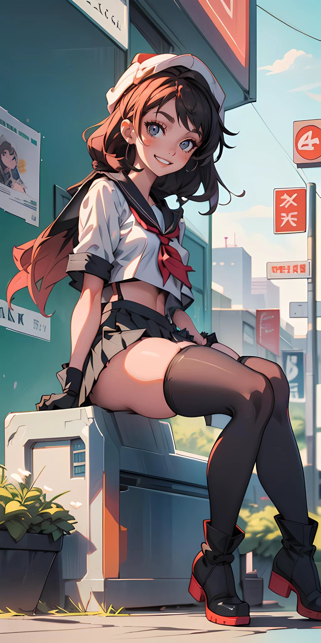 masterpiece, best quality, miranda, hat, serafuku, midriff, suspenders, red neckerchief, pleated skirt, black gloves, black thighhighs, boots, sitting, looking at viewer, smile, hands on lap, city street, sky <lora:miranda-nvwls-v1-000010:0.1>
<lora:exposepanty-strong:1>