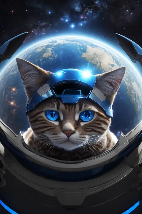 CG rendering of delicate scene, a cat, full character, big blue eyes,wearing astronomy spacesuit and helmet, floating through the blue sky by many planets, eyes focus, extremely detailed, deep details, clear details, ultra-wide shot, best quality, highres,