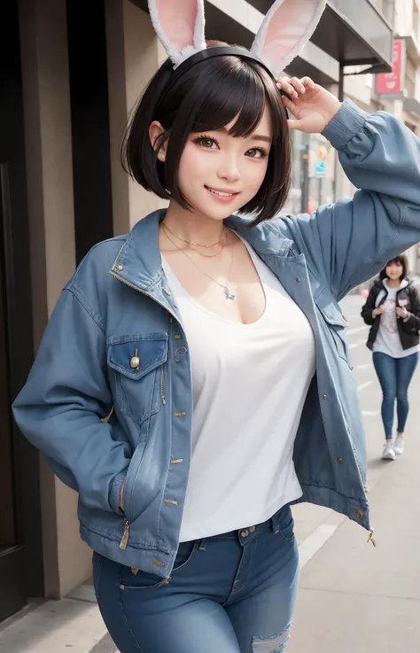 a nijigirl with bunny - ears <lora:nijilorabunny:0.75>
wearing techwear jacket and jeans, milky bob cut, big warm smile, (surprised face), a huge diamond necklace, posing, big beautiful cobalt ODD eyes, large breasts, carrying a backpack, very detailed