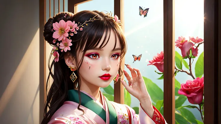 (((masterpiece))), best quality, [ultra detailed|extremely detailed], detailed background, glowing, light particles, light rays, atmospheric lighting, sparkle, 1girl, child, detailed face, hanfu, hair ornament, flower, long hair, solo, hair flower, holding, long sleeves, black hair, hair bun, wide sleeves, jewelry, earrings, looking at viewer, hands up, red lips, facial mark, makeup, window, lattice, petals, pink flower, butterfly, branch, bug