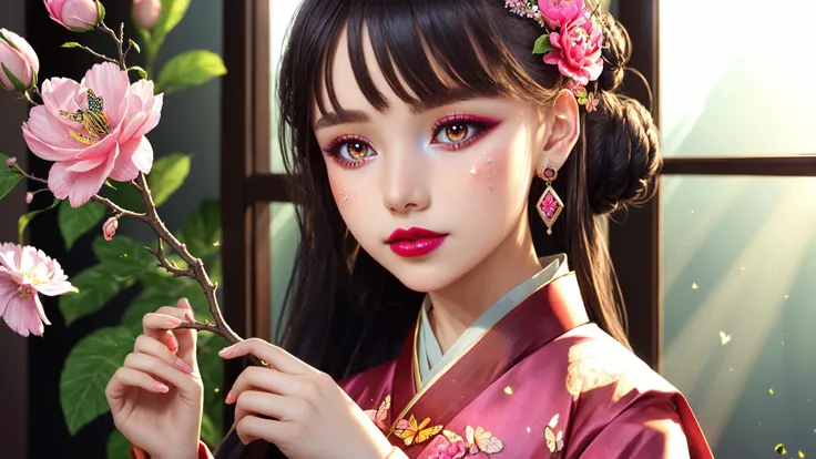 ((Best Quality)), ((Masterpiece)), (Detail: 1.4), 3D, Beautiful Cyberpunk Female Image, HDR (High Dynamic Range), Ray Tracing, NVIDIA RTX, Super Resolution, Unreal 5, Subsurface Scattering, PBR Texture, Post-Processing, Anisotropic Filtering, Depth of Field, Maximum Sharpness and Sharpness, Multi-layer Texture, Albedo and Highlight Mapping, Surface Coloring, Mitsu-Accurate Simulation of Material Interactions, Perfect Proportions, Octane Rendering, Two-color Light, Large Aperture, Low ISO, white balance, regular three-point, 8K RAW, beautiful bright pupils, flowing robes, fine pupils, delicate face and eyes, long eyelashes, blush, fluffy hair, pink lips, pure, cute, cherry blossom petals falling