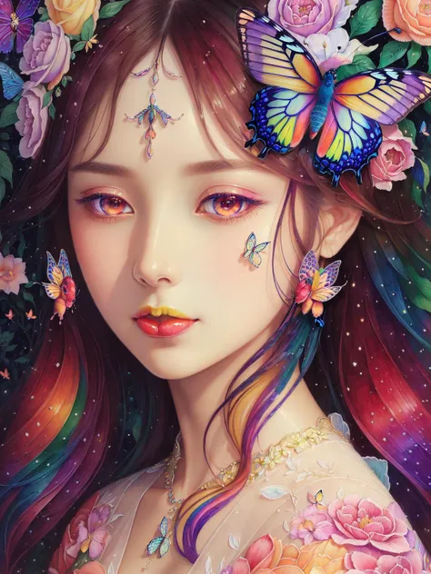 (((portrait))) ,(((masterpiece))),(((best quality))), ((ultra-detailed)), (illustration), ((an extremely delicate and beautiful)),floating, (beautiful detailed eyes), (detailed light),(((fruit))),flowers,(((((colorful))))),garden,by alan lee,colorful background,forest,bird,butterfly,