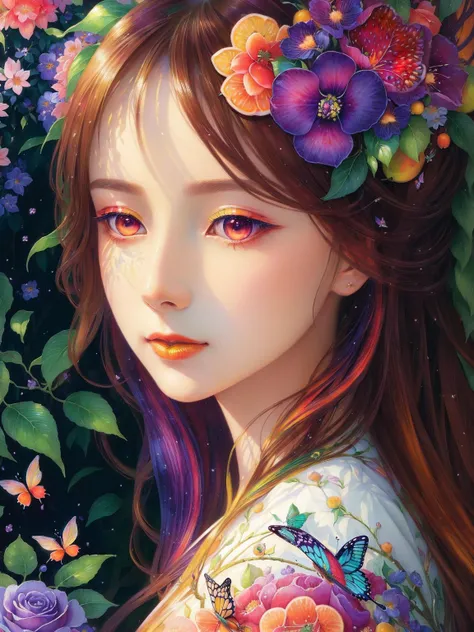 (((portrait))) ,(((masterpiece))),(((best quality))), ((ultra-detailed)), (illustration), ((an extremely delicate and beautiful)),floating, (beautiful detailed eyes), (detailed light),(((fruit))),flowers,(((((colorful))))),garden,by alan lee,colorful background,forest,bird,butterfly,