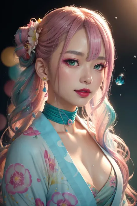 tsuruta ichiro,updo hair, hair ornament, flower petals,pastel color,
3d render, cgi, symetrical, octane render,), hdr, (hyperdetailed:1.15), (soft light, sharp:1.2), rainbow painting drops, paint teardrops, woman made up from paint, entirely paint, splat, splash, long hair, kimono made from paint, detailed texture kimono, underwater, water bulb,
1girl, solo, (super long hair:1.4), smile, blue|grey|green eyes, collarbone,  lips, makeup,  lipstick, red lips, v-neck,pastel color, choker, earring, ornamental,
sexy, nsfw, illustration,     <lora:ichirotest-06:1>