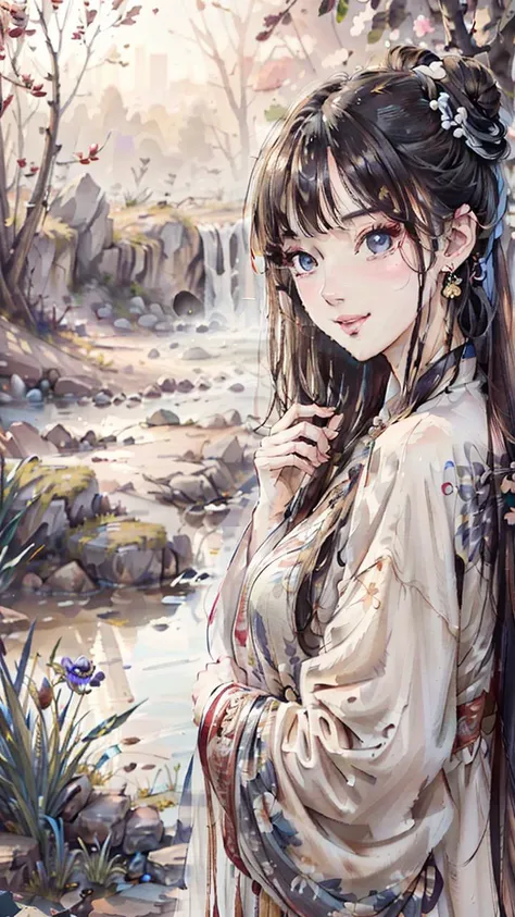 traditional chinese ink painting<lora:Moxin_10:0.5>,flower,butterfly, grass,dawn,near the lake,waterfall, trees,
shukezouma<lora:Shukezouma-1.1:0.25>,Nova,1girl.solo,wearing hanfu, more cloth,breasts,sexy attire, perfect body, jewelry and necklace,[((correct fingers,beautiful hands))], earrings,happy, grin, (blush|cute and playful|adorable|skinny|thick bangs|beauty|twintail|short hair|hair bun,),
[(full body,from everywhere,from below)],
(ultra high res,photorealistic,realistic,best quality,photo-realistic), (high detailed skin,visible pores),(real person,photograph),realistic,, (8k, raw photo, best quality, masterpiece),photon mapping, radiosity, physically-based rendering,automatic white balance,watery eyes, (looking at viewer),(irises and pupils are rounded,the pupil reflects the surroundings,eyes are not the same size),