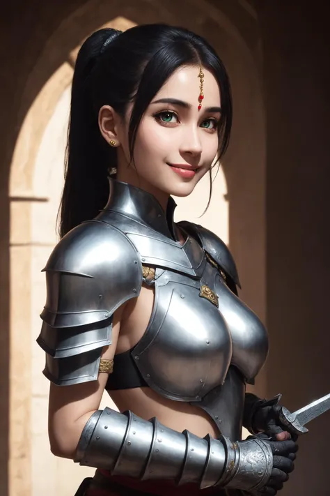 (masterpiece:1.3), best quality, hyperrealistic, extremely detailed, evening, natural light, 8k, DSLR,
BREAK
beautiful matured Indian goddess with green eyes wearing (knight armor), matured woman, milf, ponytail, smiling, detailed skin, perfect symmetrical face, holding sword in hand, small breasts,
BREAK
castle background, deep shadows, <hypernet:indianSari_v10:0.0>,
