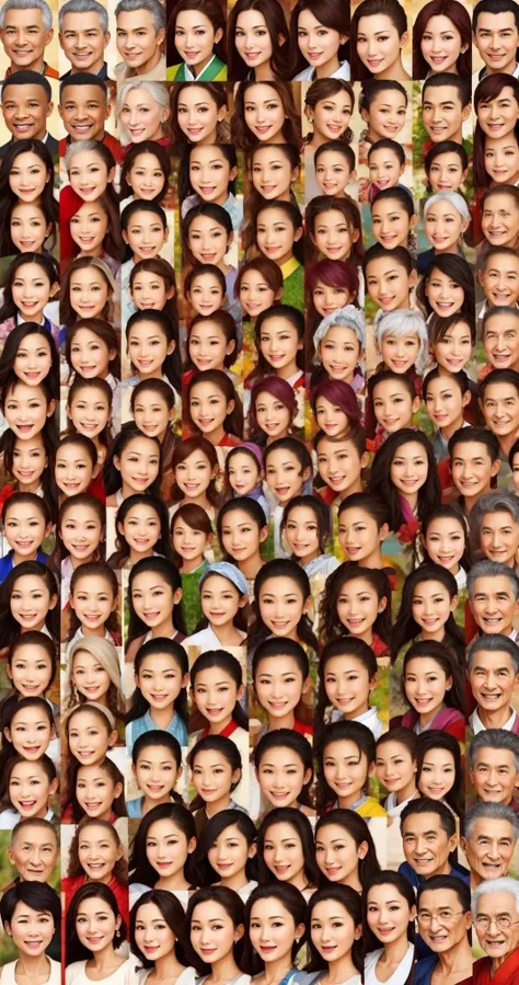 Absolute variety grotesque, Free hyperemotional self-expression regarding endless accurate pictorial collage of your different portraits in different styles, use your imagination, evenly mix females and males of all ages and races in same proportions, (Asians) and Europeans and Africans and Latinos, don't forget to add some kids and (((old) people)), all faces and pictures must be different, use all spectre of your different emotions from happiness to anger, do what you want and how you want, old people and kids don't forget them but keep variety balance