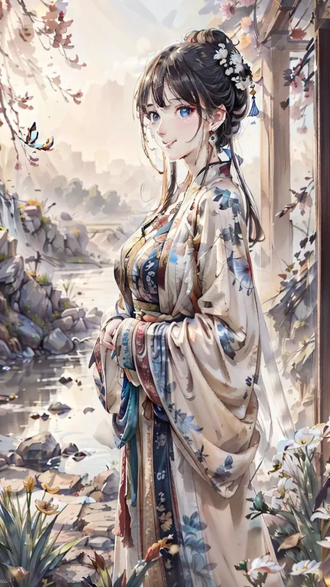 traditional chinese ink painting<lora:Moxin_10:0.5>,flower,butterfly, grass,dawn,near the lake,waterfall, trees,
shukezouma<lora:Shukezouma-1.1:0.25>,Nova,1girl.solo,wearing hanfu, more cloth,breasts,sexy attire, perfect body, jewelry and necklace,[((correct fingers,beautiful hands))], earrings,happy, grin, (blush|cute and playful|adorable|skinny|thick bangs|beauty|twintail|short hair|hair bun,),
[(full body,from everywhere,from below)],
(ultra high res,photorealistic,realistic,best quality,photo-realistic), (high detailed skin,visible pores),(real person,photograph),realistic,, (8k, raw photo, best quality, masterpiece),photon mapping, radiosity, physically-based rendering,automatic white balance,watery eyes, (looking at viewer),(irises and pupils are rounded,the pupil reflects the surroundings,eyes are not the same size),