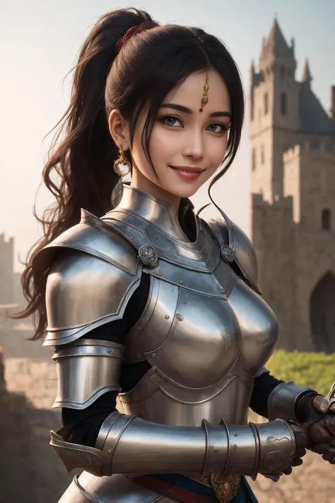 (masterpiece:1.3), best quality, hyperrealistic, extremely detailed, evening, natural light, 8k, DSLR,
BREAK
beautiful matured Indian goddess with green eyes wearing (knight armor), matured woman, milf, ponytail, smiling, detailed skin, perfect symmetrical face, holding sword in hand, small breasts,
BREAK
castle background, deep shadows, <hypernet:indianSari_v10:0.0>,
