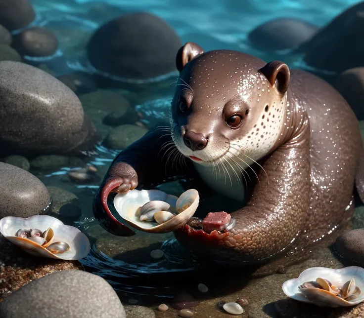 intricate details,8k,highres,(realistic and clear face),soft light,perfect shadow,
Otters play in the water, grabbing the small stones that the clams frequently tap on their chests in order to eat the delicious meat from the clams.