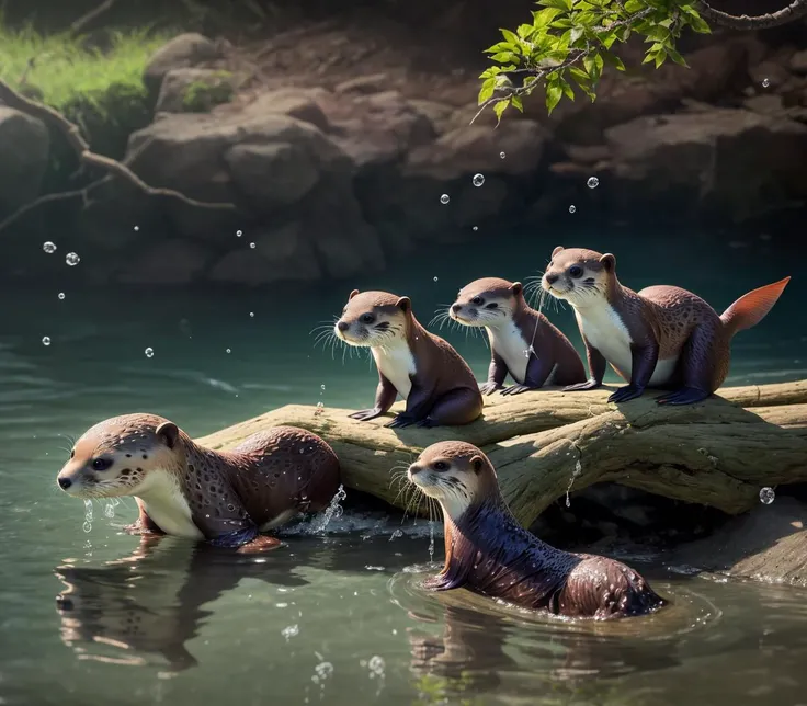 intricate details,8k,highres,(realistic and clear face),soft light,perfect shadow,
A group of cute otters are catching fish and eating near their branch nests. The fish in the water are hurriedly fleeing, splashing with water,