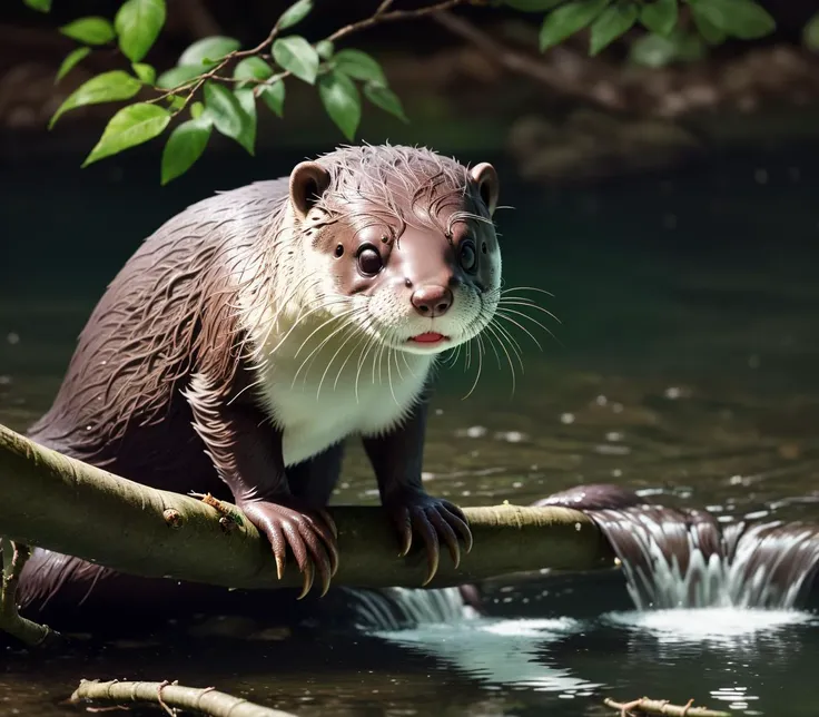 intricate details,8k,highres,(realistic and clear face),soft light,perfect shadow,
A cute otter is diligently picking up branches in the water, with the goal of gradually laying branches and dams to complete its aquatic nest.