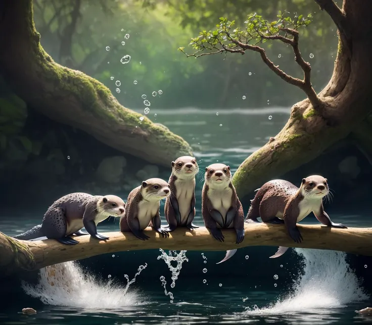 intricate details,8k,highres,(realistic and clear face),soft light,perfect shadow,
A group of cute otters are catching fish and eating near their branch nests. The fish in the water are hurriedly fleeing, splashing with water,